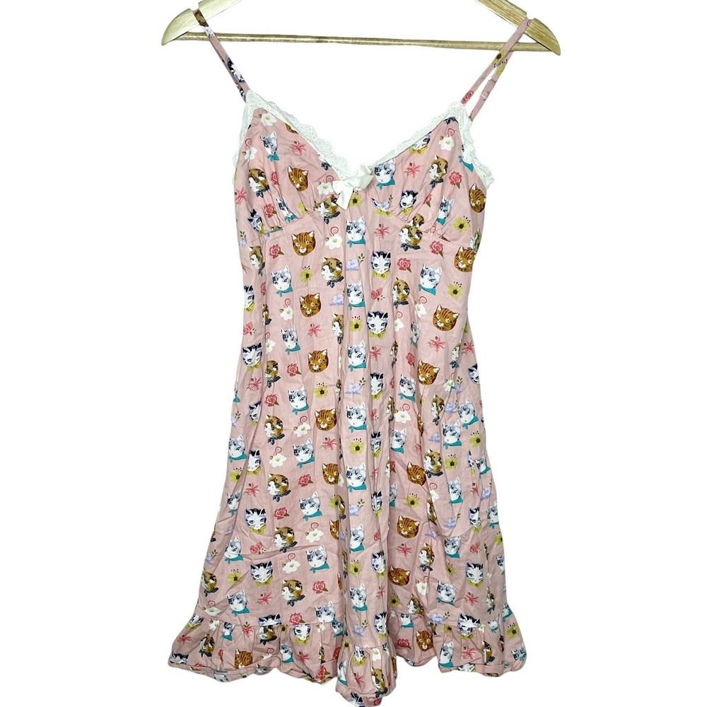 Ullala Cat Print Nightgown Womens One Size Small Babydoll Coquette Cami Lingerie